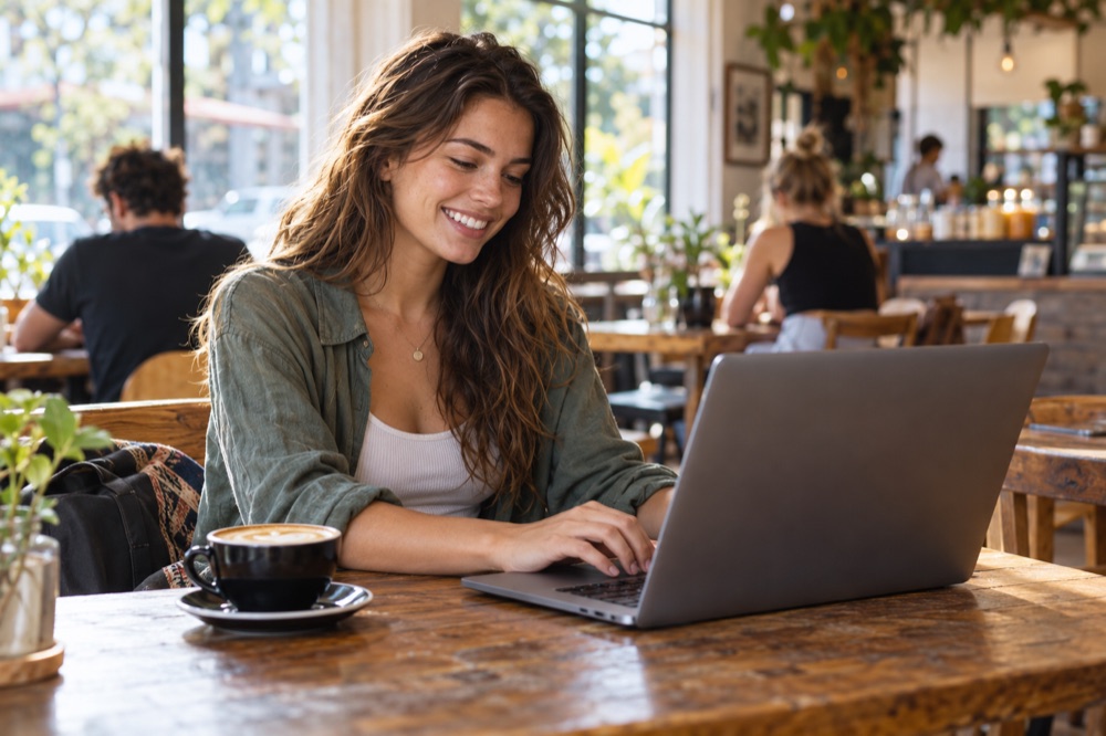 Illustration of a woman using a laptop in a café