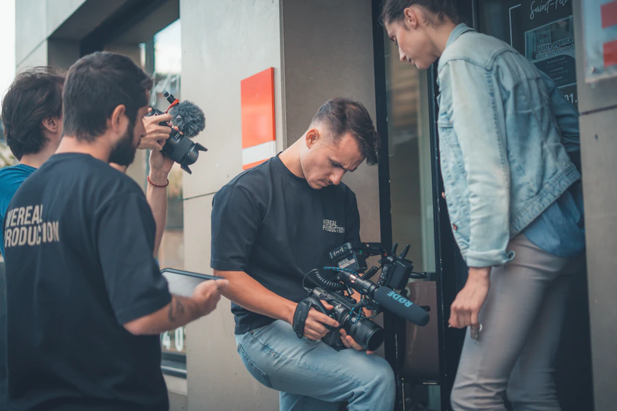 Film crew setting up an outdoor shoot