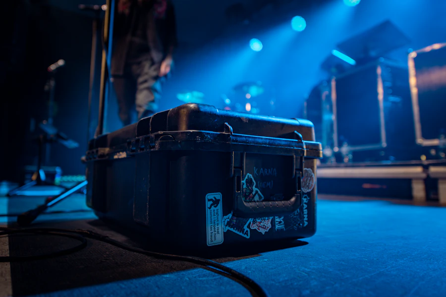 Equipment case backstage under stage lights